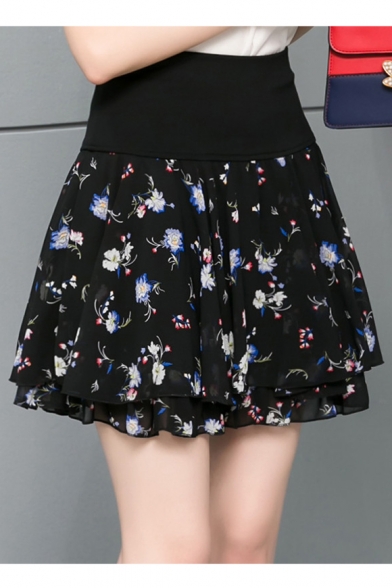 High Waist Floral Printed Layer Chiffon Mini A-Line Skirt