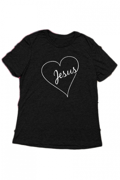 

JESUS Letter Heart Printed Round Neck Short Sleeve Unisex Tee, Black;gray, LC476902