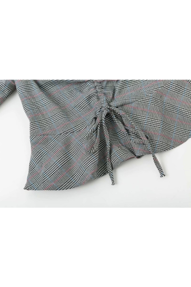 Plaid Printed Drawstring Front Off The Shoulder 3/4 Length Sleeve Crop Blouse