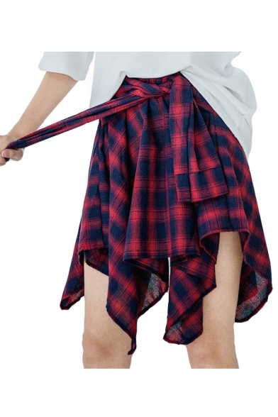 Plaid Printed Knotted Front High Waist Mini Asymmetrical Skirt