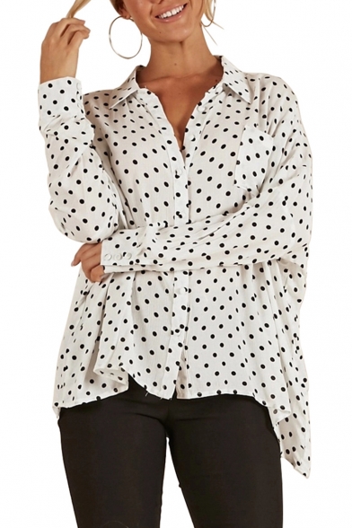 Polka Dot Printed Lapel Collar Long Sleeve Button Down Shirt