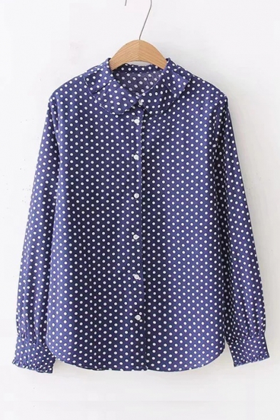 Polka Dot Printed Lapel Collar Long Sleeve Button Down Shirt