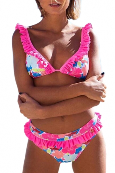 Ruffle Trim Sleeveless Floral Printed Fashion Bikini