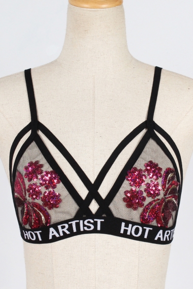 Sequined Floral Embellished Letter Printed Rib Trim Hollow Out Sexy Bralet