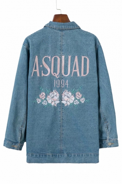 SQUAD Letter Floral Embroidered Back Lapel Collar Single Breasted Long Sleeve Denim Jacket