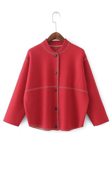 Stand Up Collar Contrast Stitching Long Sleeve Button Down Crop Jacket