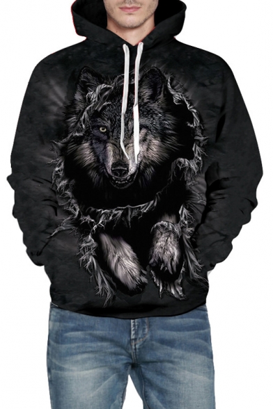 Stylish Wolf Printed Long Sleeve Casual Hoodie