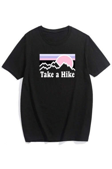 TAKE A HIKE Letter Cartoon Landscape Printed Round Neck Short Sleeve Tee