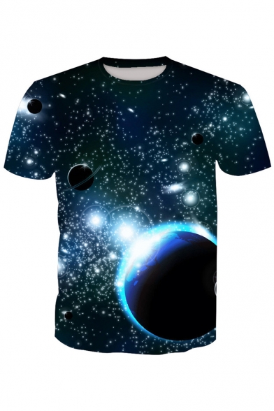 3D Planet Universe Printed Round Neck Short Sleeve Tee