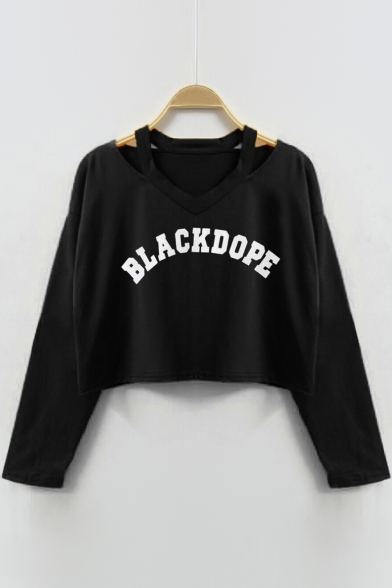BLACK DOPE Letter V Neck Hollow Out Long Sleeve Crop Sweatshirt