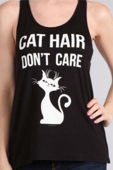 

CAT HAIR DON'T CARE Letter Animal Printed Round Neck Sleeveless Leisure Tank, LC476846