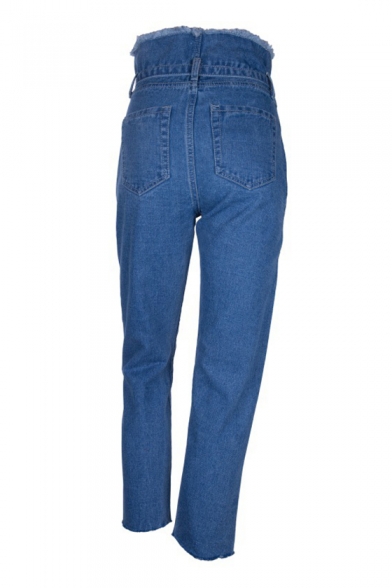 Chic Fringe Hem High Waist Plain Straight Jeans