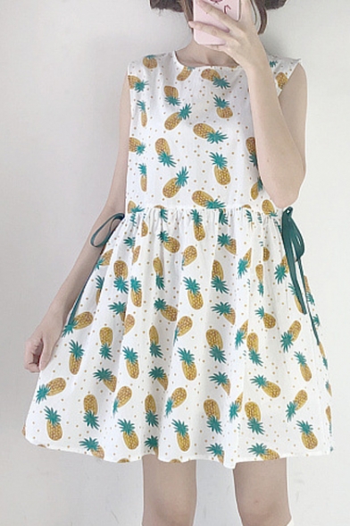 Chic Pineapple Printed Round Neck Sleeveless Drawstring Waist Mini A-Line Dress