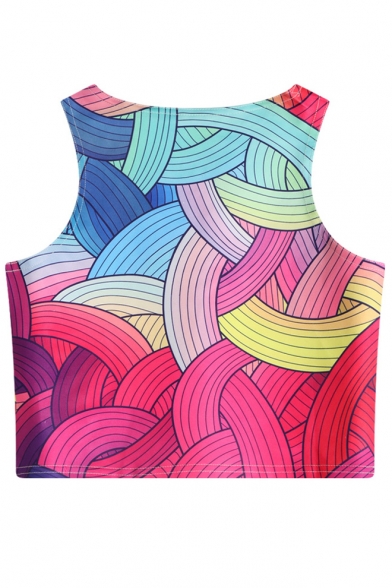 Colorful Striped Printed Round Neck Sleeveless Crop Tank