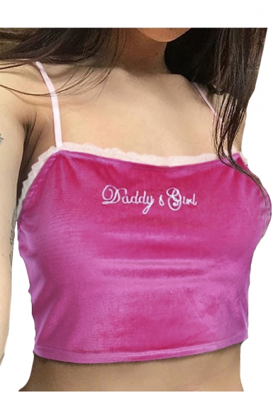 DADDY GIRL Letter Embroidered Mesh Insert Trim Spaghetti Straps Sleeveless Crop Cami
