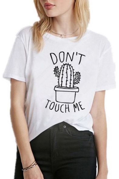 DON'T TOUCH ME Letter Cactus Printed Round Neck Short Sleeve Tee