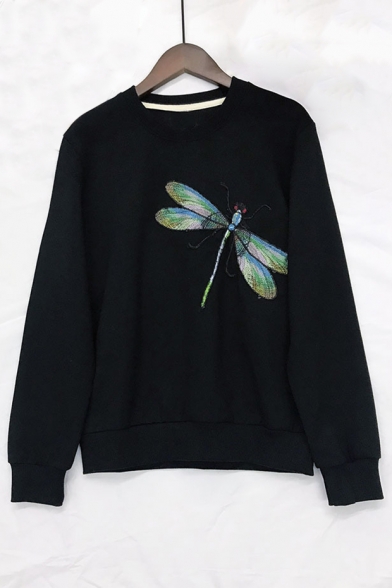 Dragonfly Embroidered Round Neck Long Sleeve Sweatshirt