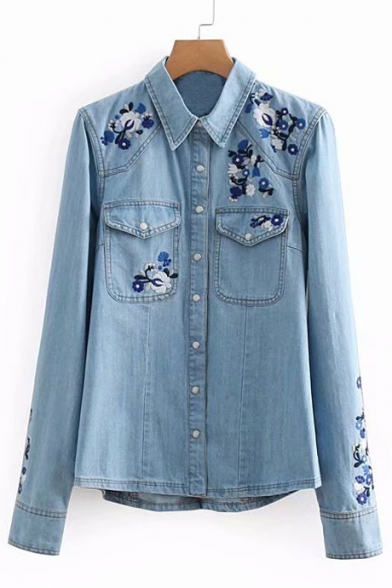 Floral Embroidered Button Down Lapel Collar Long Sleeve Denim Shirt
