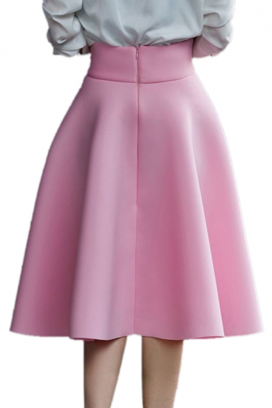 High Waist Plain Zipper Fly Midi A-Line Skirt
