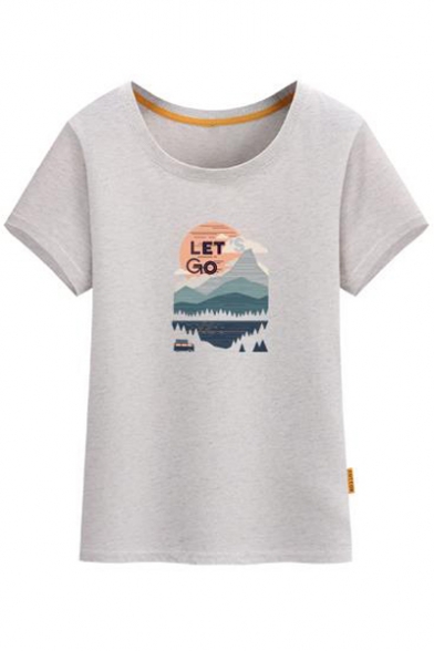 LET GO Letter Mountain Printed Round Neck Short Sleeve Tee