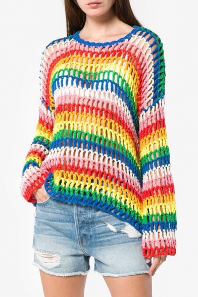 Rainbow Color Printed Round Neck Long Sleeve Hollow Out Sweater