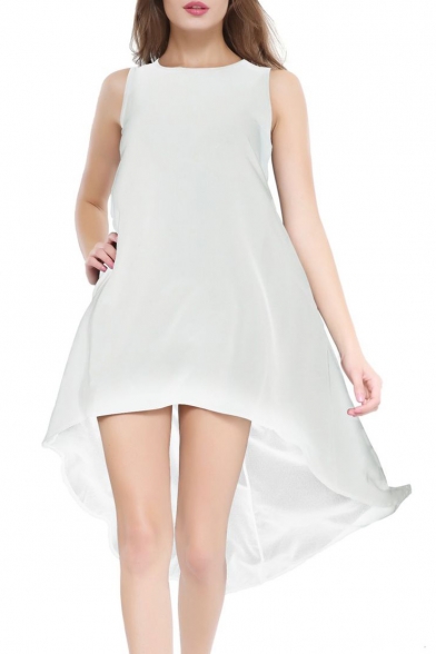 Round Neck Sleeveless Plain Maxi Asymmetric Chiffon Dress