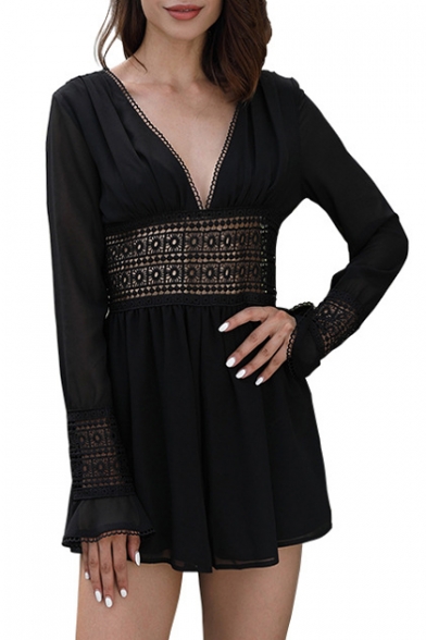 Sexy Hollow Out Detail V Neck Long Sleeve Romper
