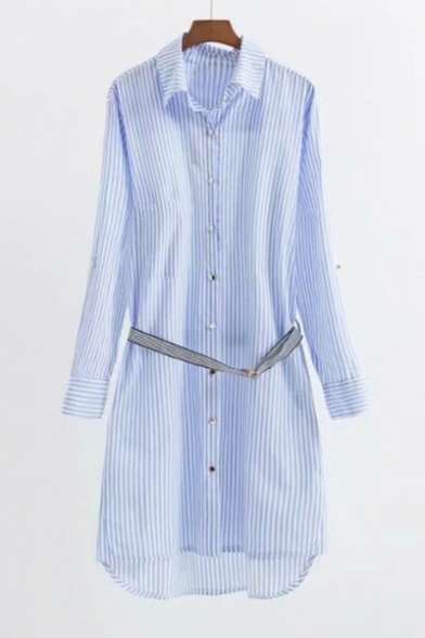 Striped Printed Long Sleeve Button Down Lapel Collar Midi Shirt Dress