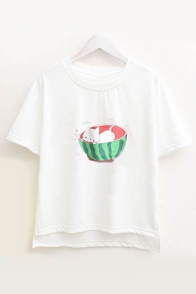 Watermelon Cat Japanese Printed Round Neck Short Sleeve Tee