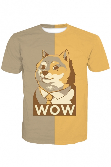 WOW Letter Color Block Dog Printed Round Neck Short Sleeve Tee