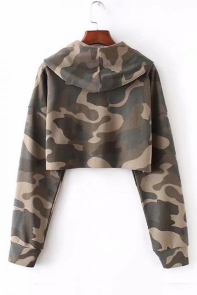 Camouflage Printed Long Sleeve Chic Crop Hoodie
