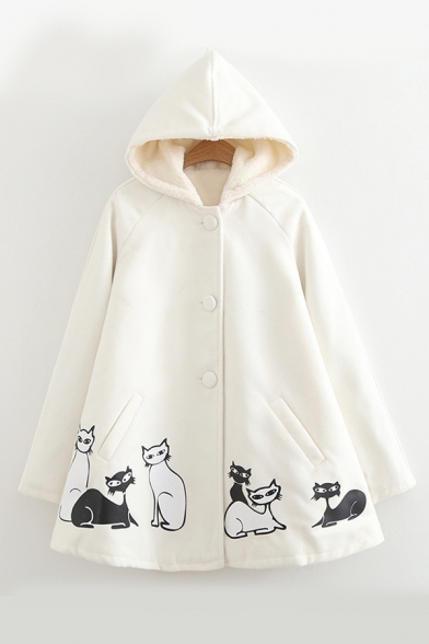Cat Pattern Single-Breasted Raglan Sleeve Hooded Coat