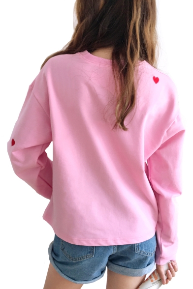 Chic Letter Heart Embroidered Round Neck Long Sleeve Sweatshirt