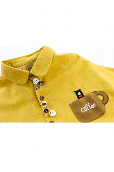 Colorful Buttons Coffee Cup Letter Bear Embroidered Lapel Collar Long Sleeve Button Down Shirt