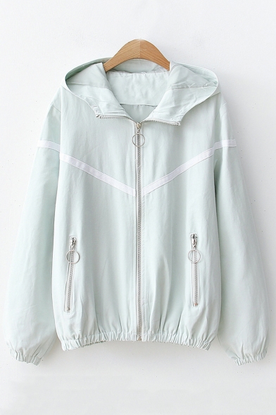 Fashionable Striped Pattern Zip Up Hooded Casual Coat