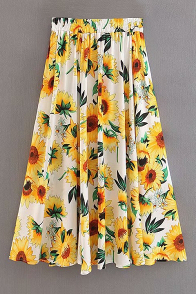 Fashionable Sunflower Pattern Elastic Waist Skirt