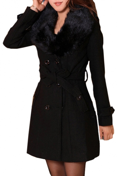 Fur Collar Long Sleeve Double Breasted Plain Tunic Woolen Coat