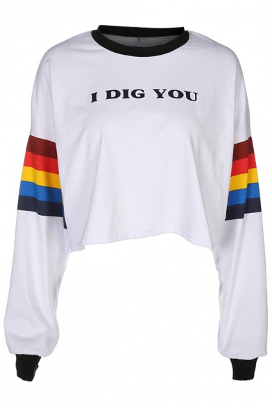 I DIG YOU Letter Contrast Striped Printed Long Sleeve Round Neck Crop Tee