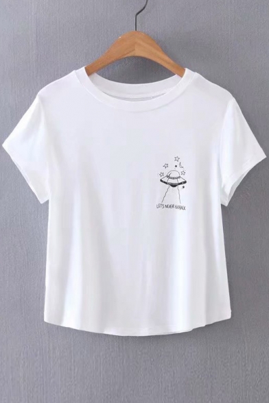 LET'S NEVER GO BACK Letter UFO Printed Round neck Short Sleeve Tee