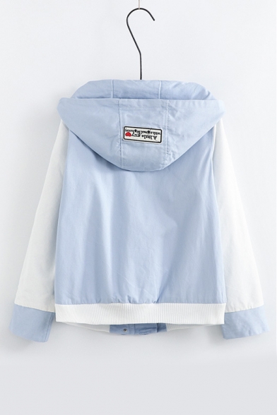 Letter Heart Embroidered Color Block Long Sleeve Zip Up Hooded Coat