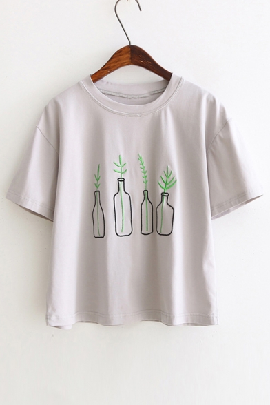 Plant Bottle Embroidered Round Neck Short Sleeve Leisure Tee