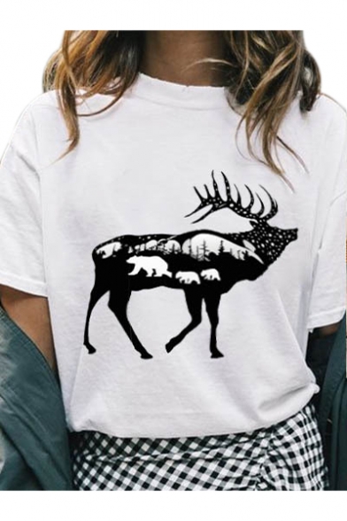 Round Neck Deer Printed Short Sleeve Leisure Tee