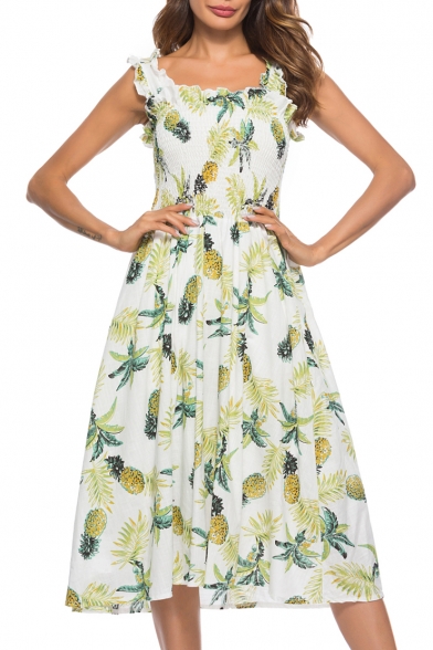 Square Neck Straps Sleeveless Pineapple Printed Midi A-Line Dress