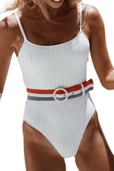 Striped Belt Spaghetti Straps Sleeveless One Piece Swimwear