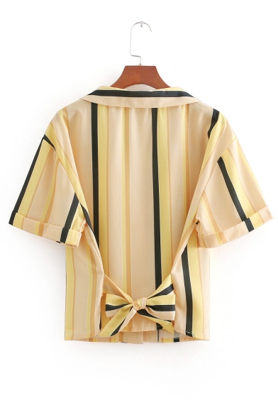 Striped Printed Lapel Collar Short Sleeve Button Down Chic Shirt