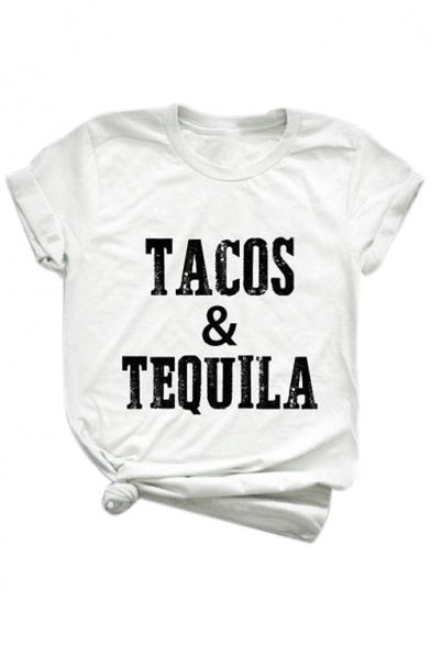 TACOS TEQUILA Letter Printed Round Neck Short Sleeve Loose Tee