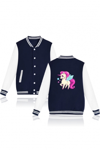 Unicorn Printed Contrast Striped Trim Color Block Long Sleeve Button Down Baseball Jacket