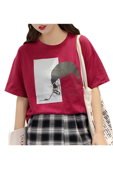 Cartoon Character Printed Ring Embellished Round Neck Short Sleeve Tee