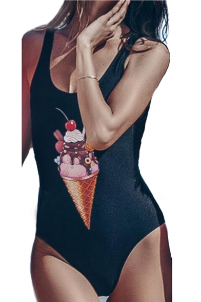 Chic Ice Cream Printed Round Neck Sleeveless One Piece Slim Swimwear