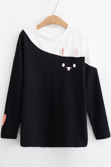Color Block Rabbit Carrot Printed Long Sleeve Round Neck Leisure Tee
